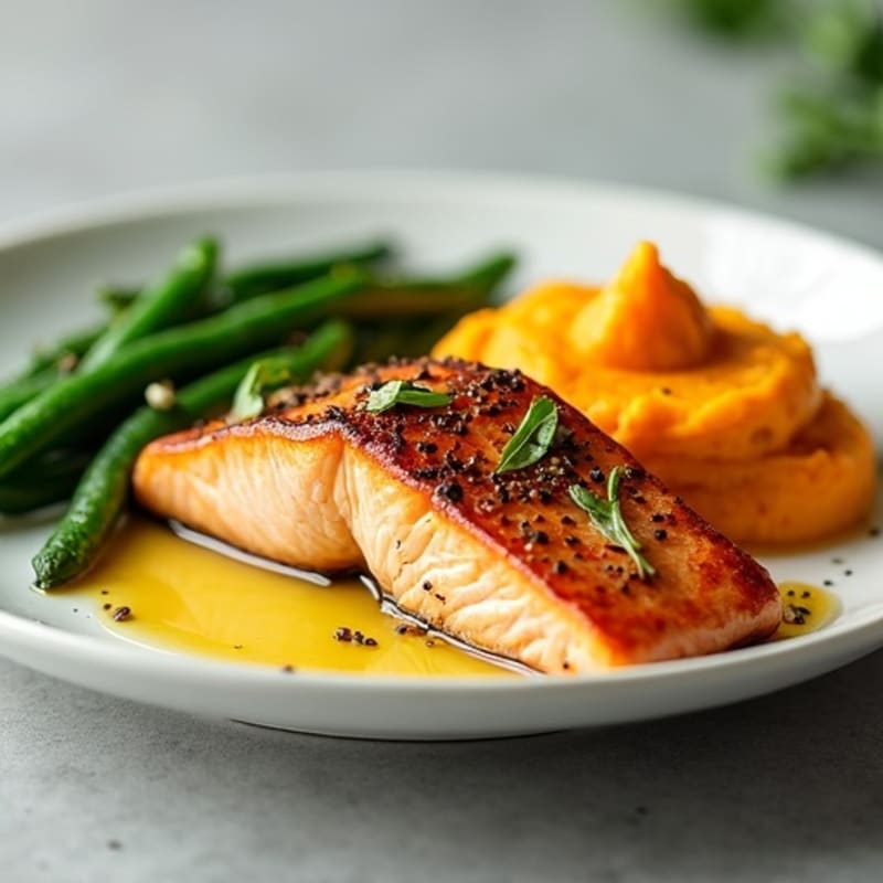 Seared Salmon with Garlic Green Beans and Mashed Sweet Potato