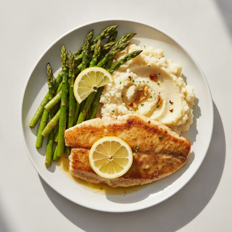 Seared Tilapia with Roasted Asparagus and Cauliflower Mash