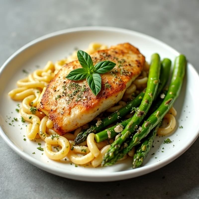 Pan-Seared Chicken with Fresh Pesto Pasta and Roasted Asparagus
