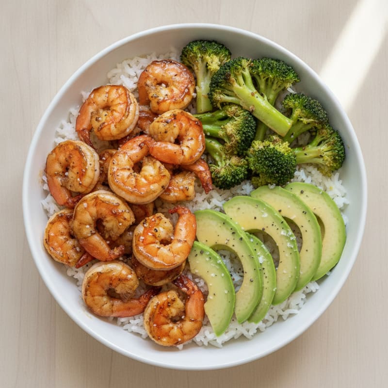 Garlic Shrimp and Avocado Rice Bowl