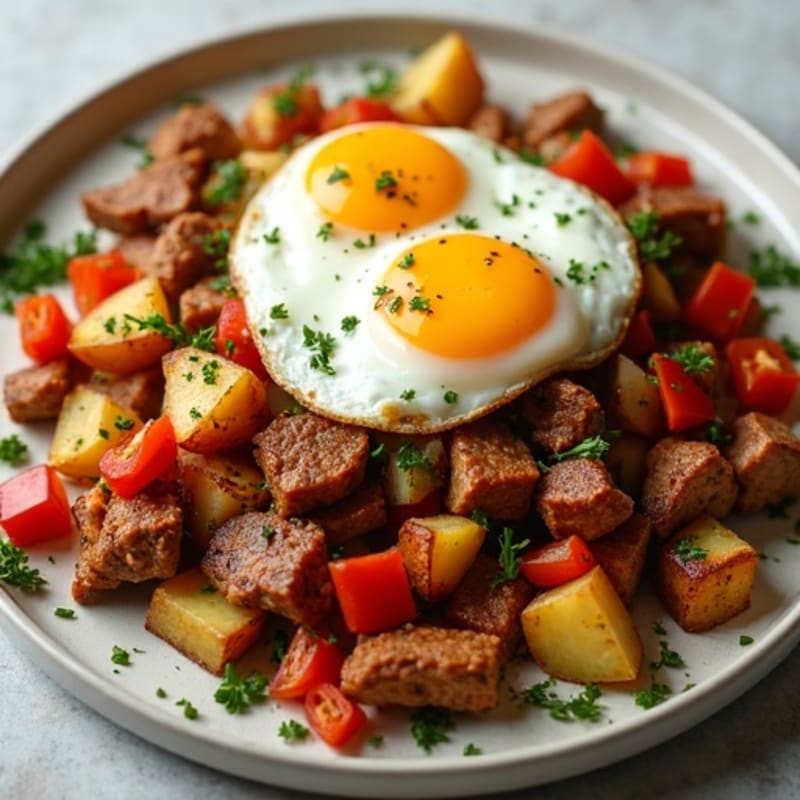 Crispy Herb-Roasted Beef and Chicken Hash with Sunny-Side Up Eggs