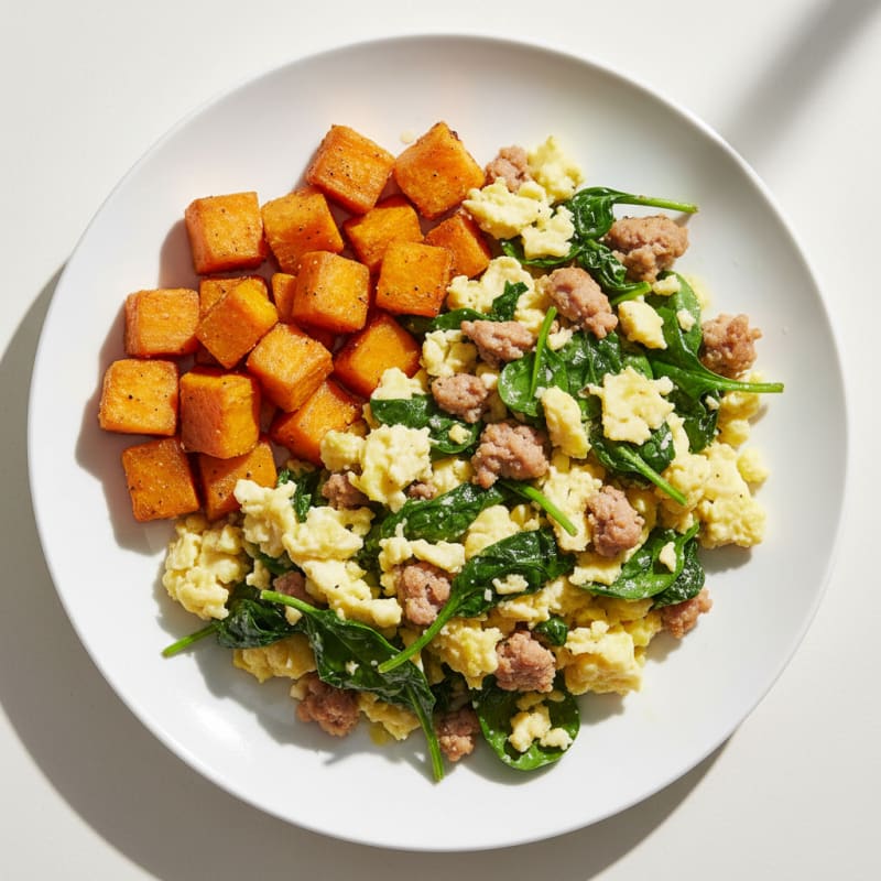 Egg White and Turkey Sausage Scramble with Spinach and Roasted Sweet Potato