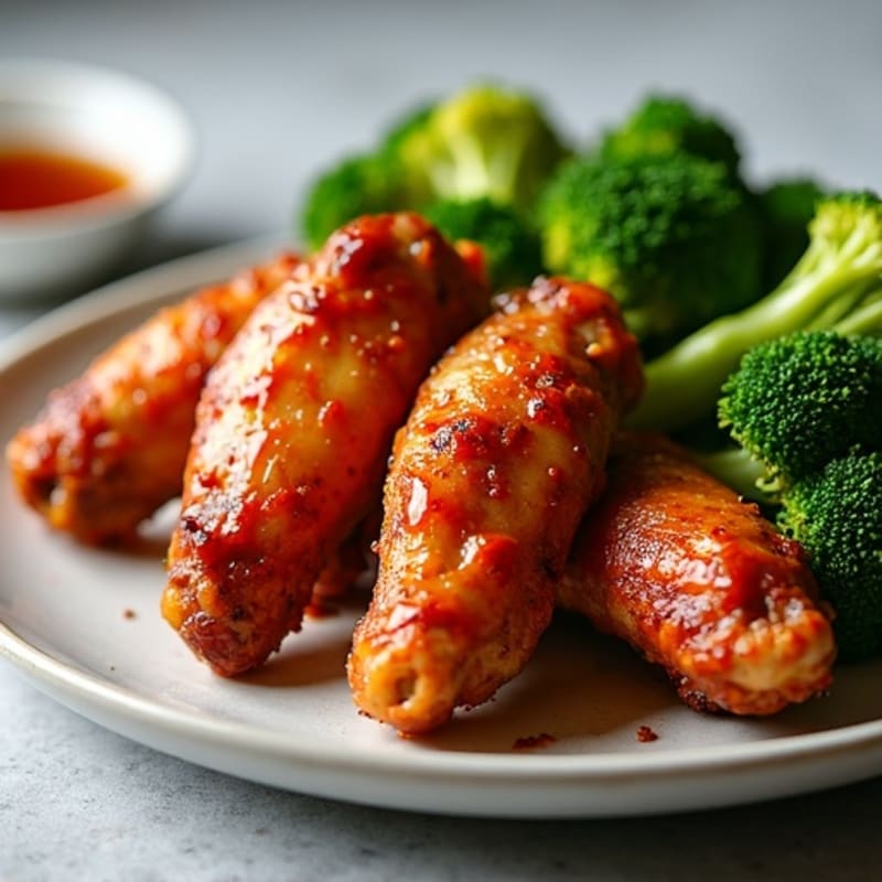 Crispy Baked Spicy BBQ Chicken Wings with Roasted Broccoli