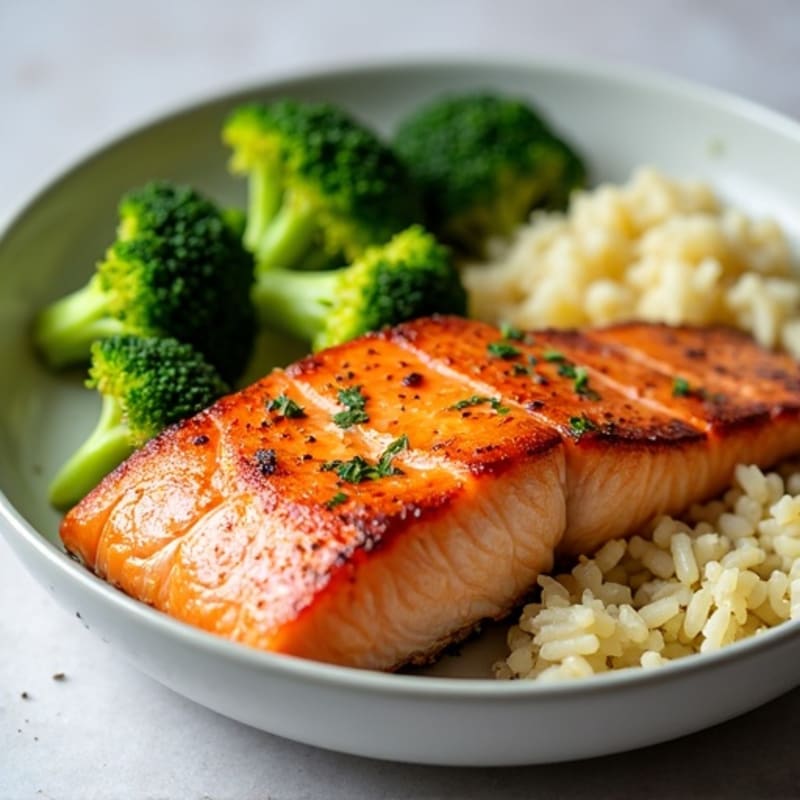 Seared Salmon with Steamed Broccoli and Cauliflower Rice
