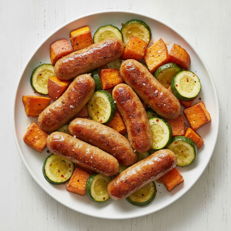 Sheet Pan Bratwurst with Roasted Sweet Potatoes and Zucchini