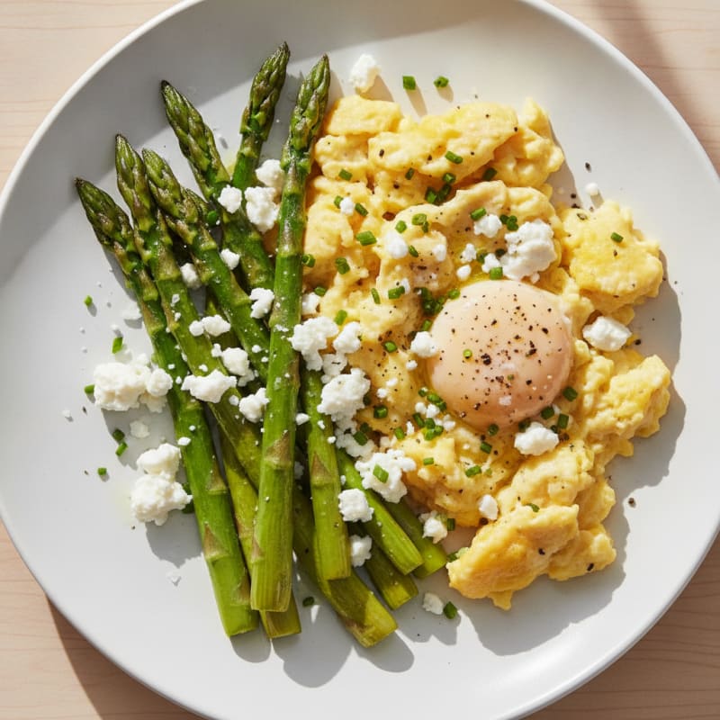 Scrambled Eggs with Roasted Asparagus and Feta