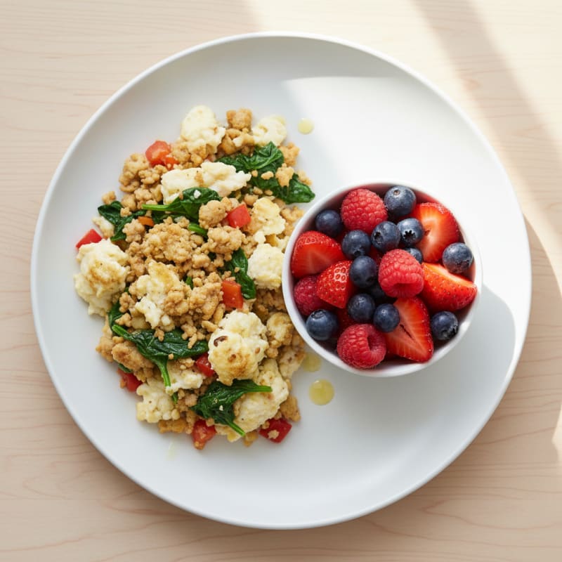 Egg White Veggie Scramble with Turkey and Fresh Berries