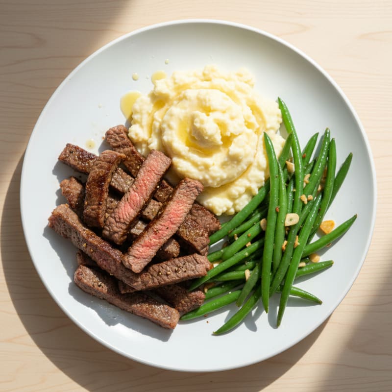 Seared Lean Beef Strips with Garlic Green Beans and Cauliflower Mash