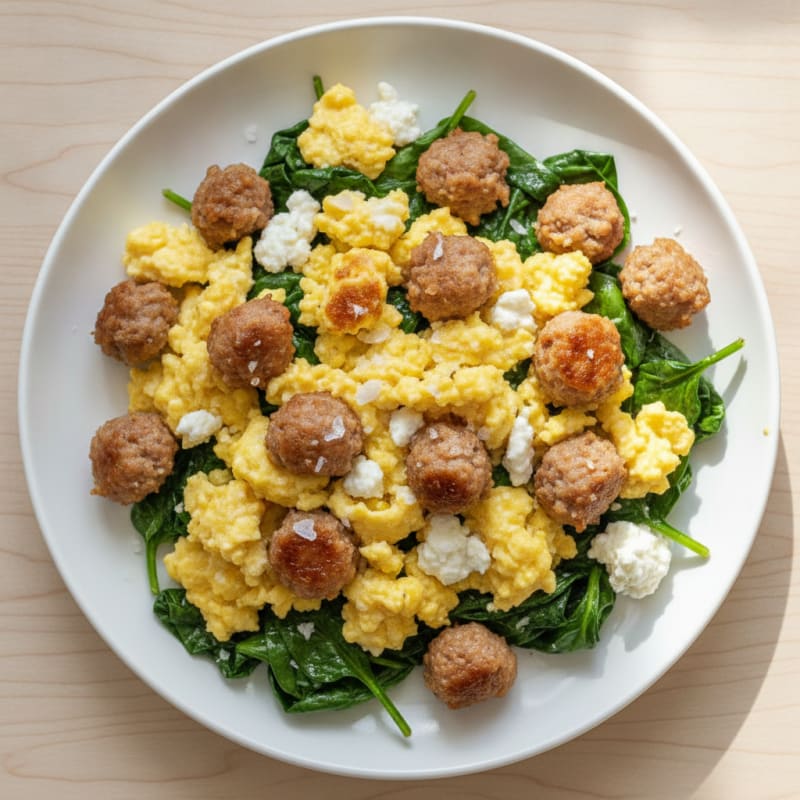 Cottage Cheese Scramble with Turkey Sausage and Sautéed Spinach