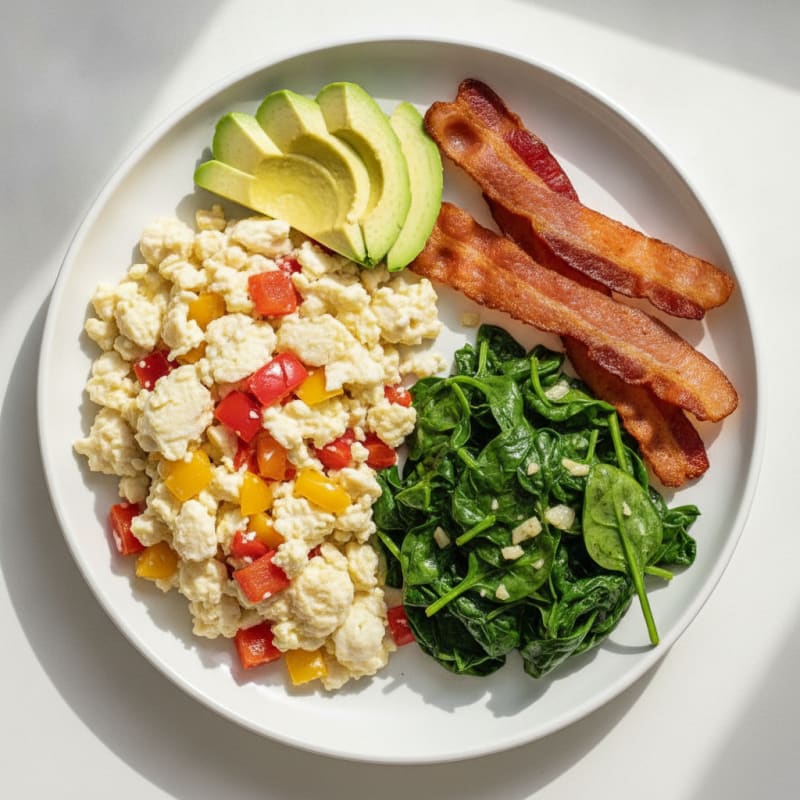 Egg White Vegetable Scramble with Sautéed Spinach and Turkey Bacon