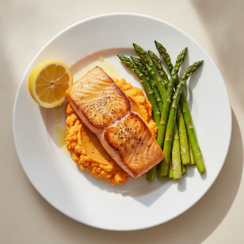 Seared Salmon Filet with Roasted Asparagus and Sweet Potato Mash