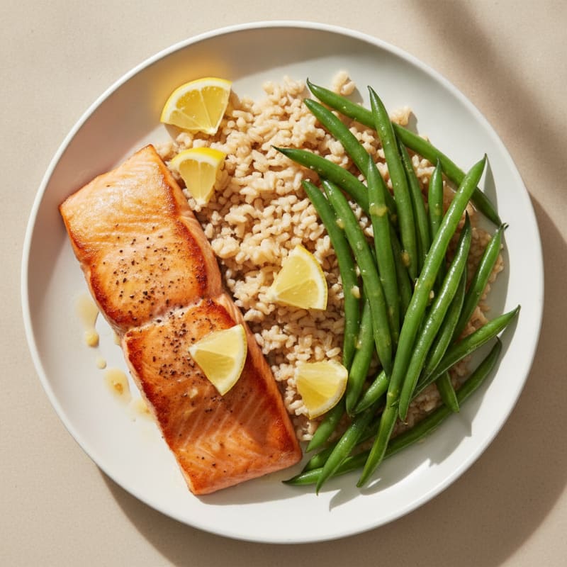 Seared Salmon with Steamed Green Beans and Brown Rice