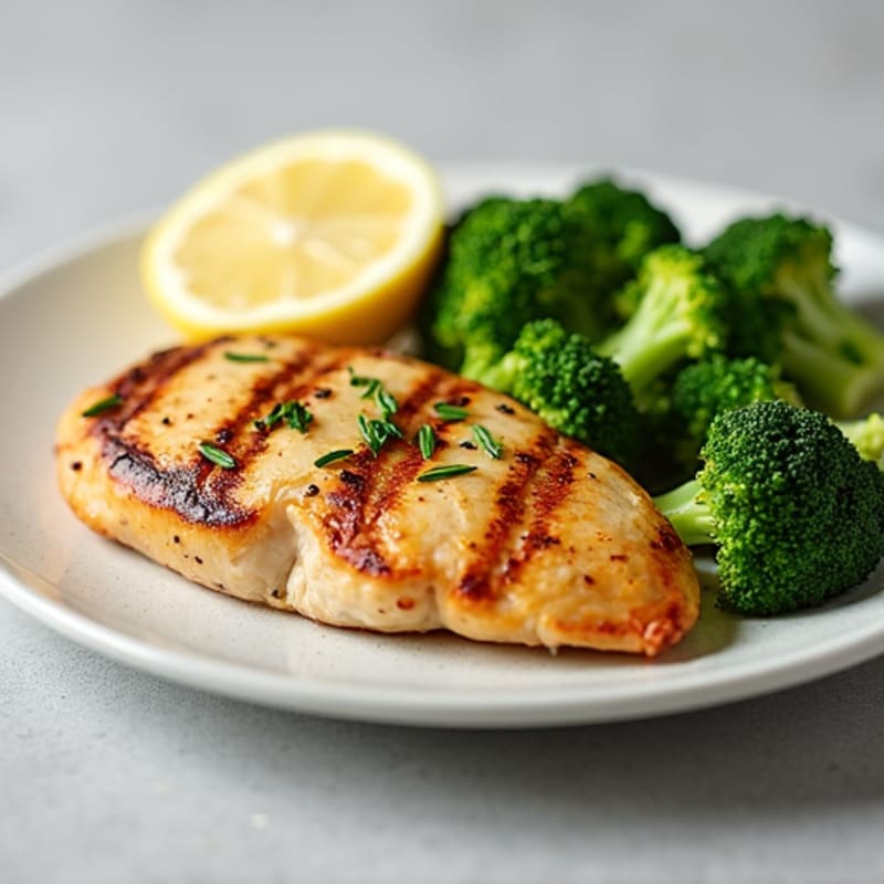 Grilled Chicken Breast with Steamed Broccoli and Lemon