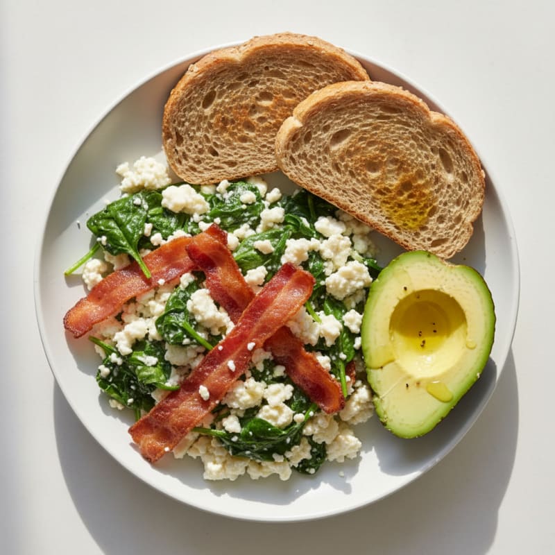 Cottage Cheese Egg White Scramble with Spinach and Turkey Bacon