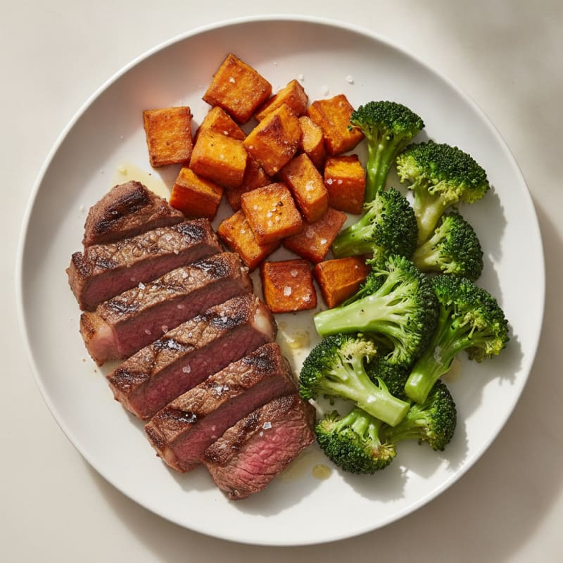Seared Steak with Roasted Sweet Potatoes and Steamed Broccoli