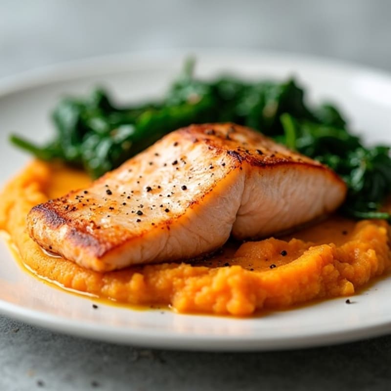 Seared Salmon Fillet with Garlic Sautéed Spinach and Sweet Potato Mash