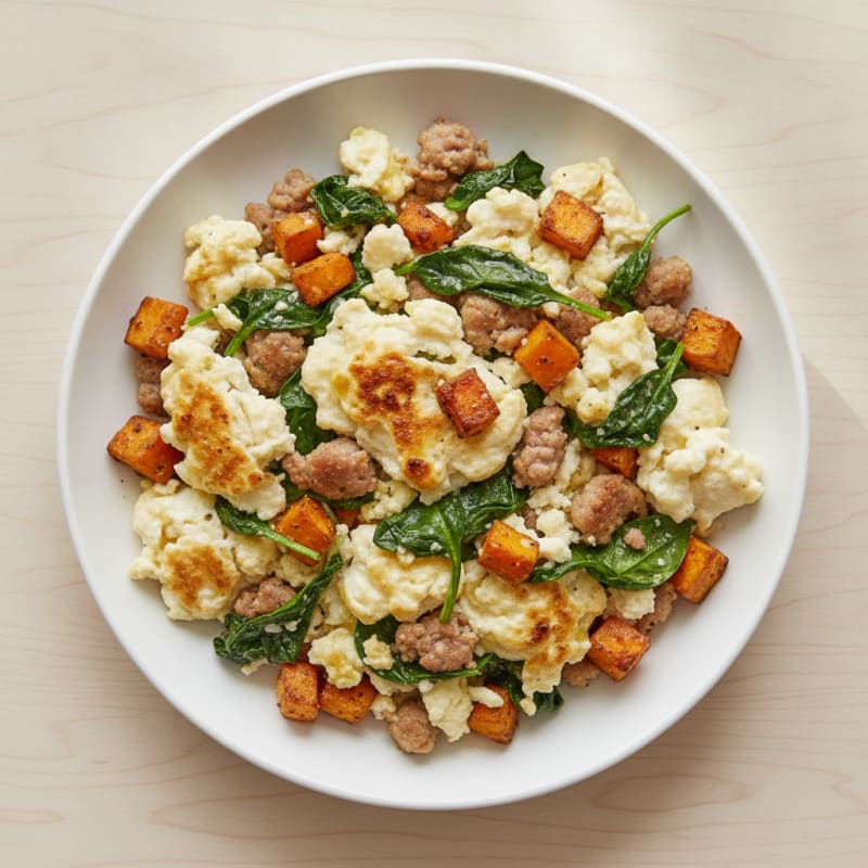 Egg White and Turkey Sausage Scramble with Spinach and Sweet Potato