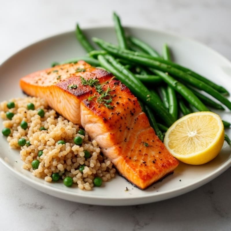 Seared Salmon Fillet with Steamed Green Beans and Brown Rice