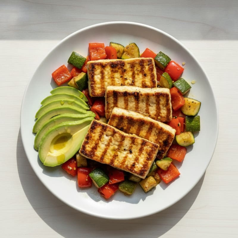 Grilled Tofu with Roasted Vegetables and Avocado
