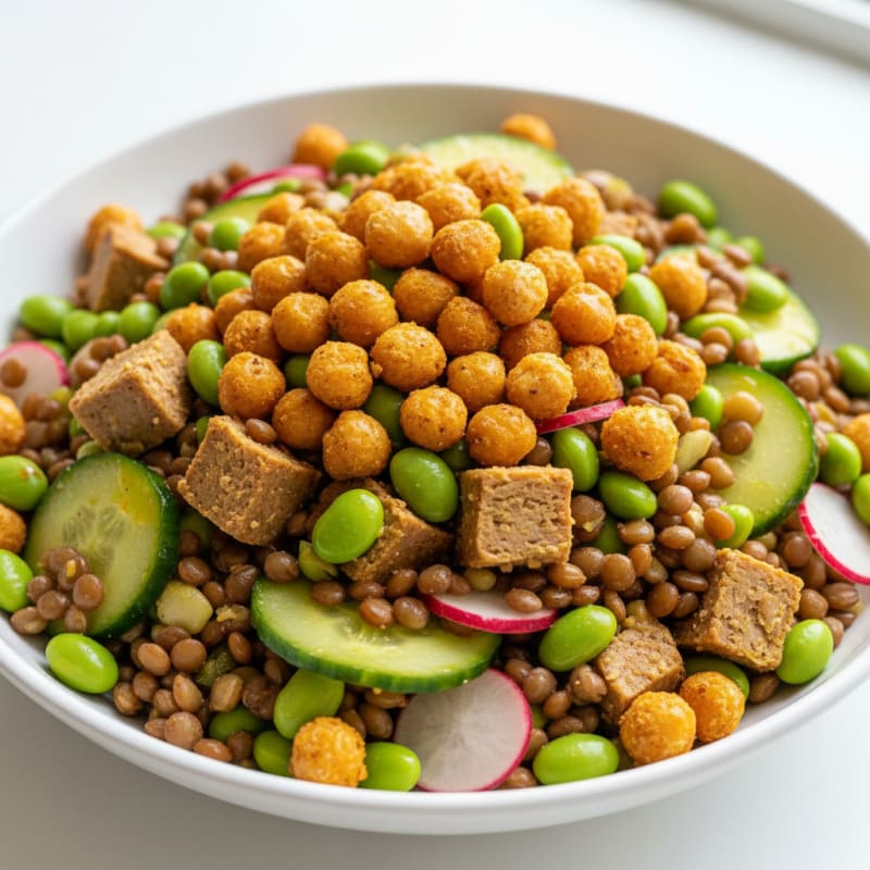 High-Protein Lentil and Edamame Salad with Roasted Chickpeas