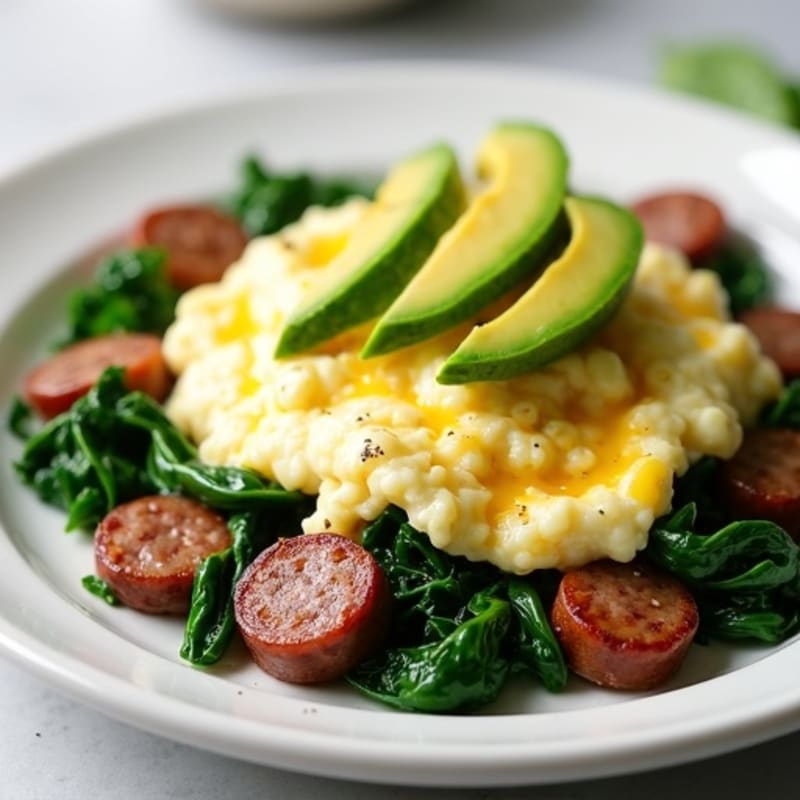 Egg White Scramble with Turkey Sausage and Sautéed Spinach