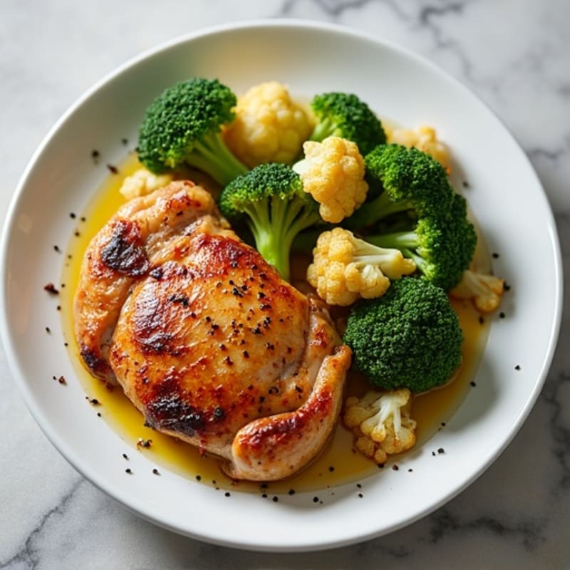 Seared Chicken Thighs with Roasted Broccoli and Cauliflower