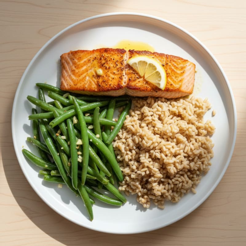 Seared Salmon with Garlic Green Beans and Brown Rice