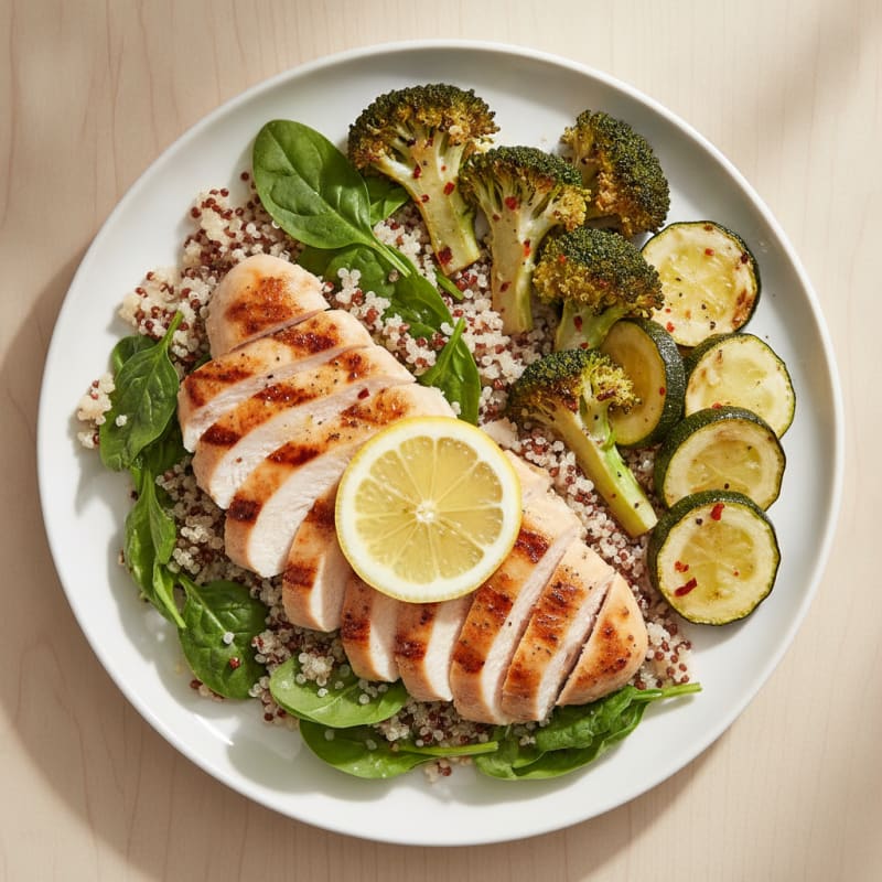 Grilled Chicken Quinoa Bowl with Roasted Broccoli and Zucchini