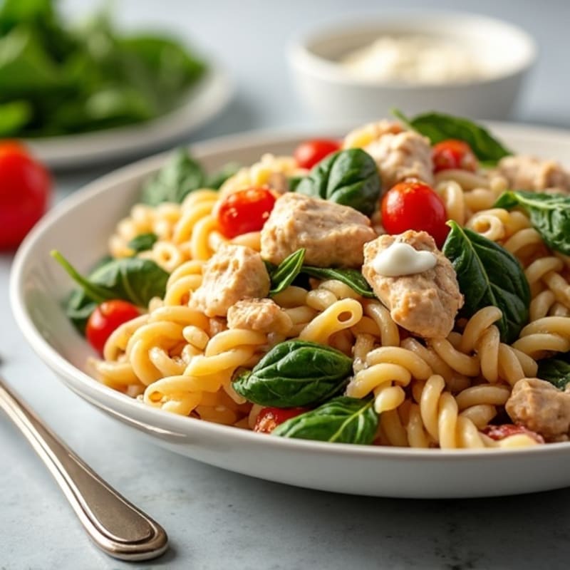 Creamy Chicken and Fresh Spinach Whole Wheat Pasta with Burst Tomatoes