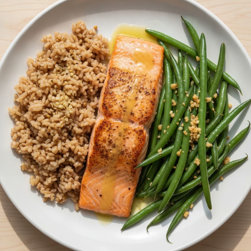 Seared Salmon Filet with Garlic Green Beans and Brown Rice