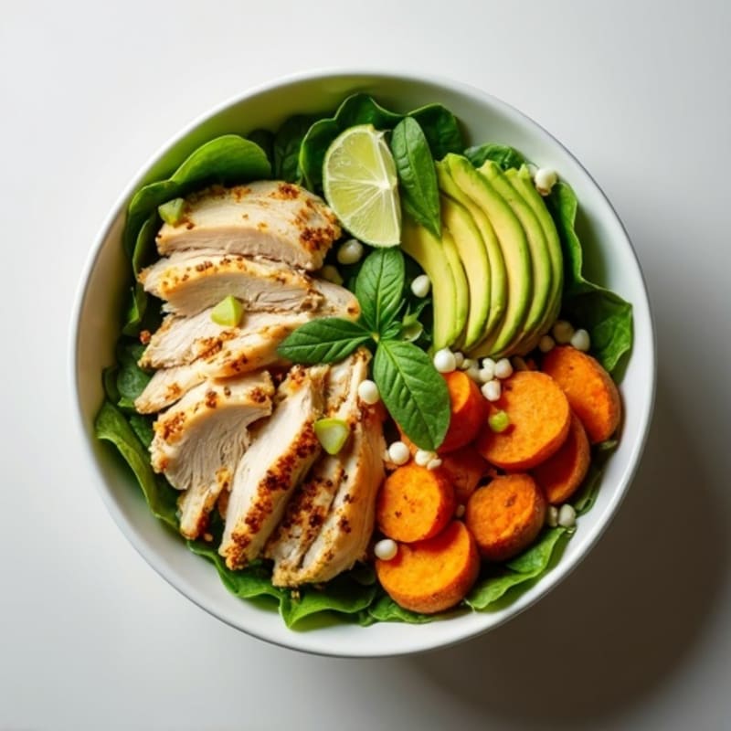 Shredded Rotisserie Chicken Power Bowl with Roasted Sweet Potatoes and Creamy Avocado Dressing
