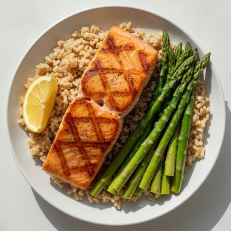 Seared Salmon with Steamed Asparagus and Brown Rice