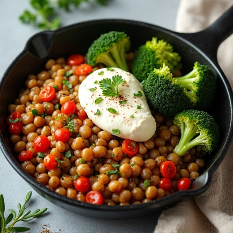 Lentil and Cottage Cheese Skillet with Roasted Broccoli