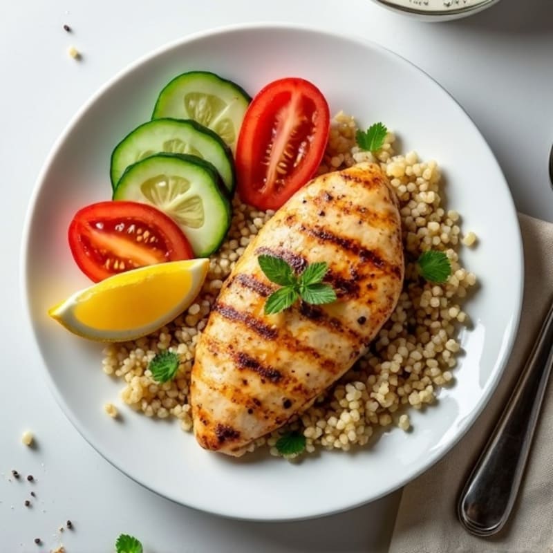 Grilled Chicken Breast with Quinoa and Crunchy Cucumber Tomato Salad