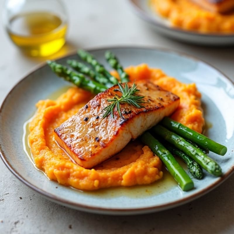 Seared Salmon Fillet with Roasted Asparagus and Sweet Potato Mash