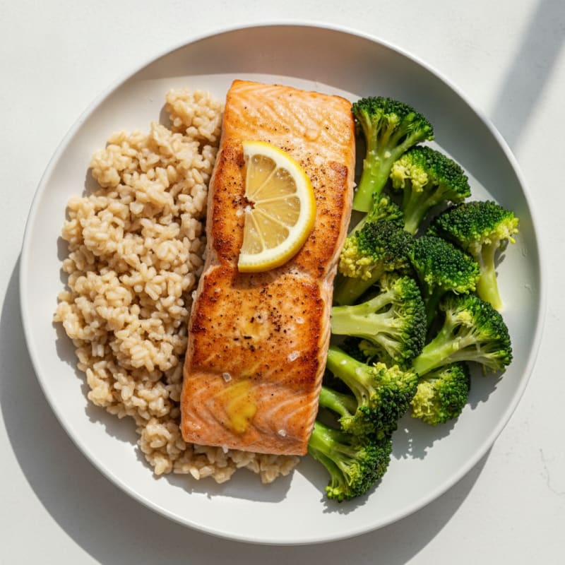 Seared Salmon with Steamed Broccoli and Brown Rice