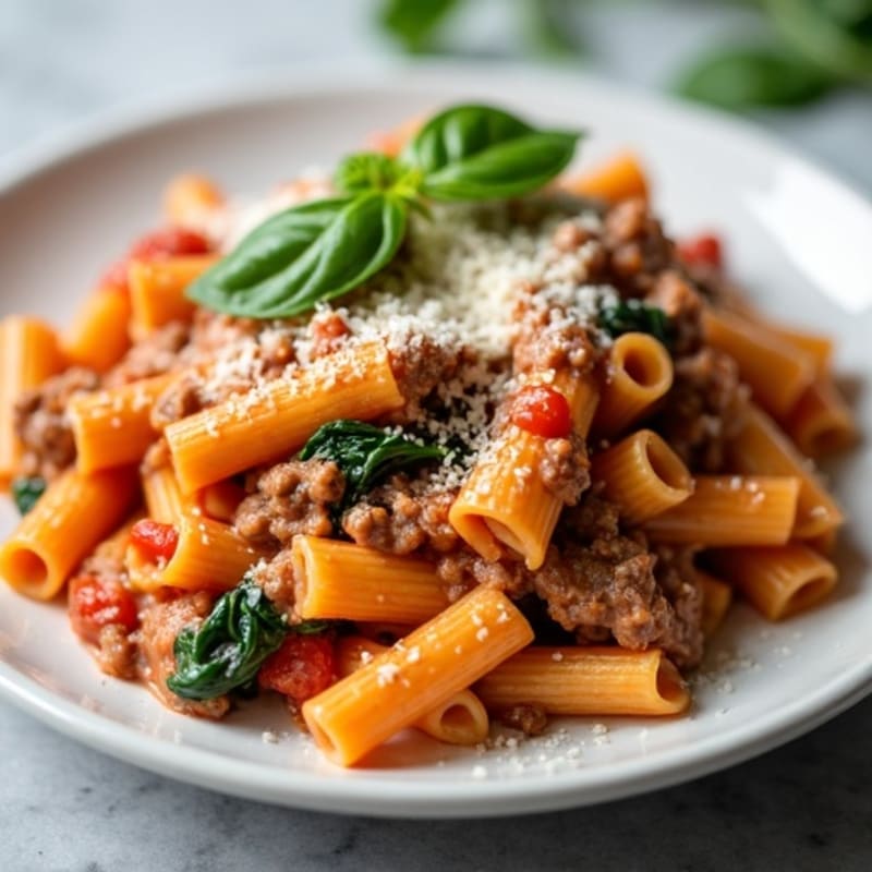 Creamy Baked Ziti with Lean Ground Beef and Spinach
