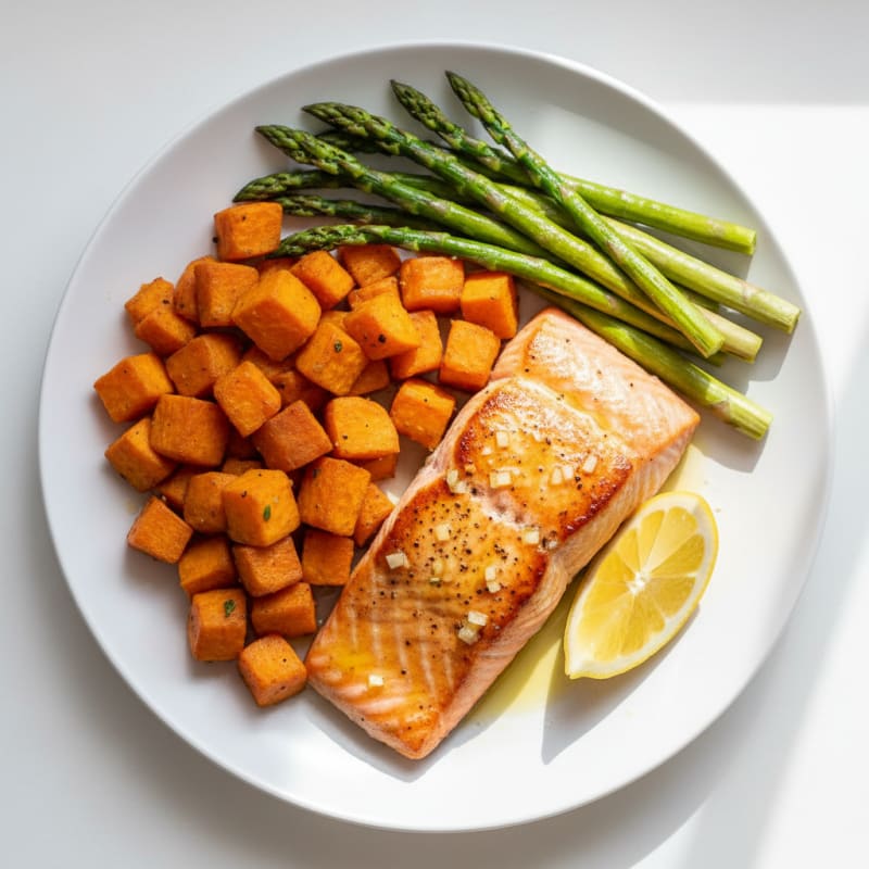 Seared Salmon with Roasted Sweet Potatoes and Asparagus