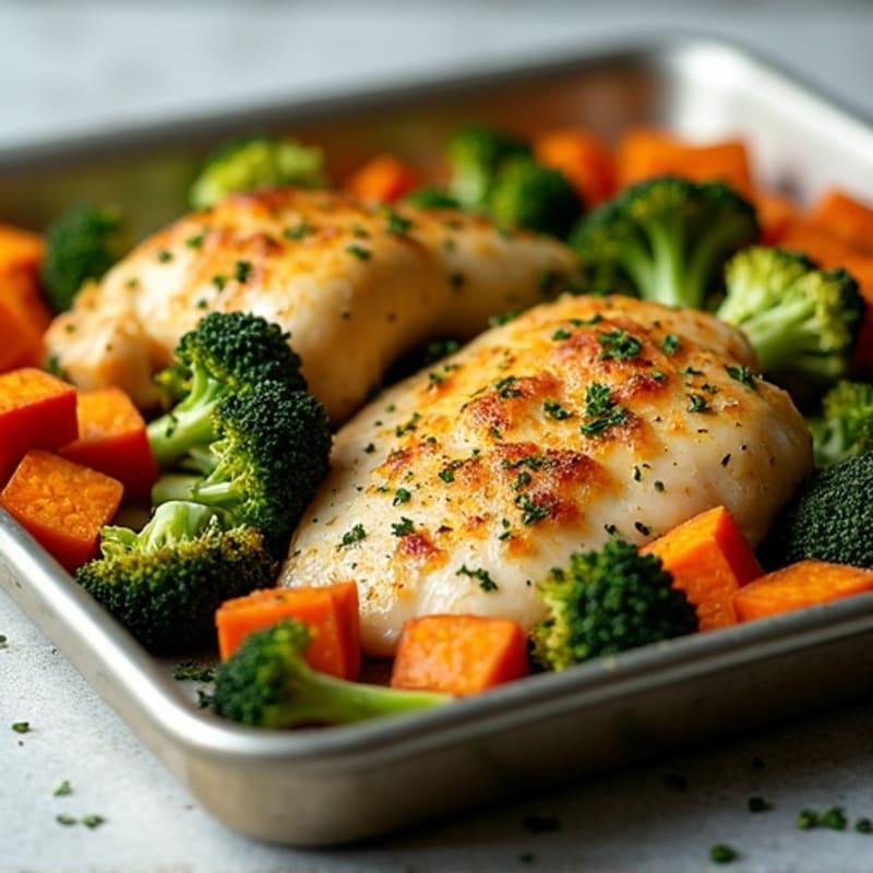 Sheet Pan Lemon Herb Chicken with Roasted Crispy Broccoli and Sweet Potatoes