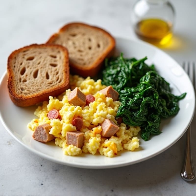 Egg White and Turkey Sausage Scramble with Sautéed Spinach