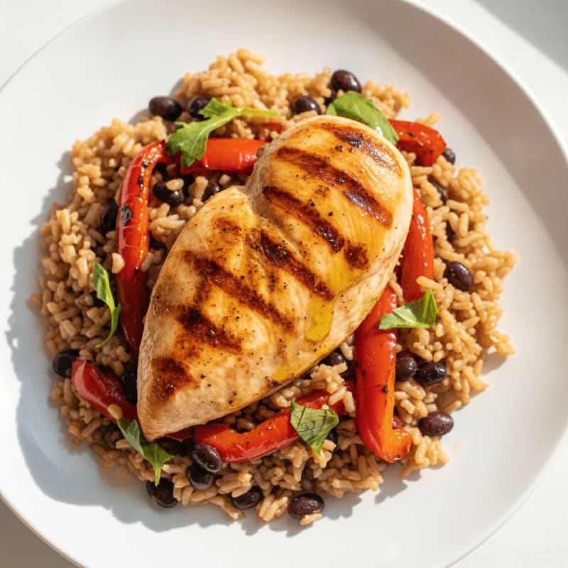 Grilled Chicken Breast with Brown Rice and Roasted Peppers