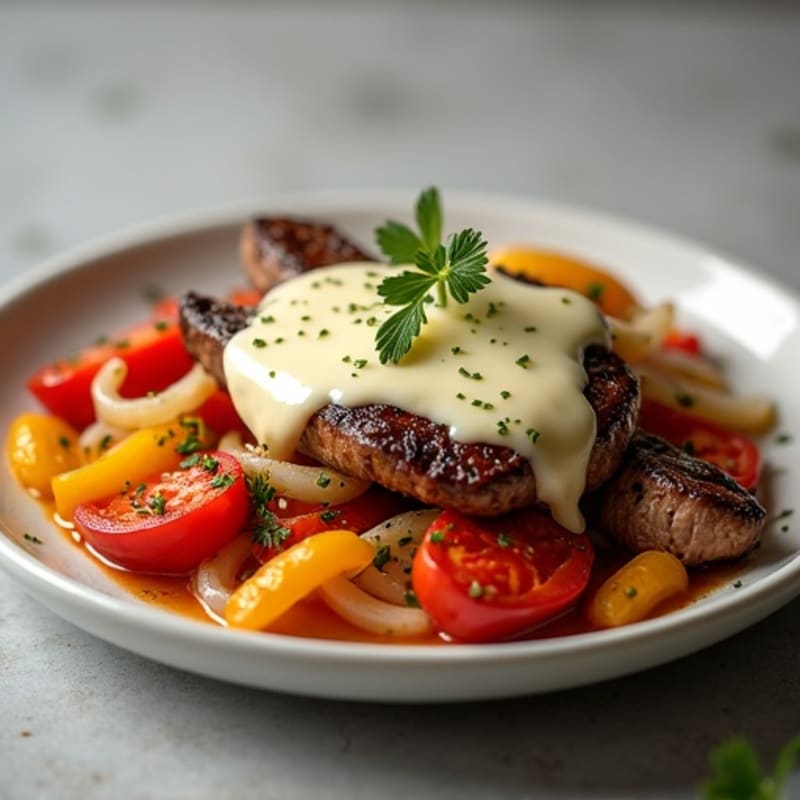 Seared Steak Strips with Sautéed Peppers, Onions, and Creamy Provolone Sauce