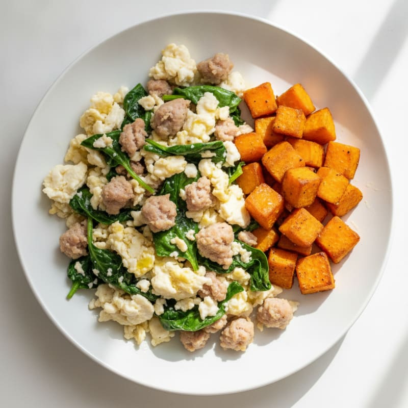 Egg White and Turkey Sausage Scramble with Spinach and Roasted Sweet Potato