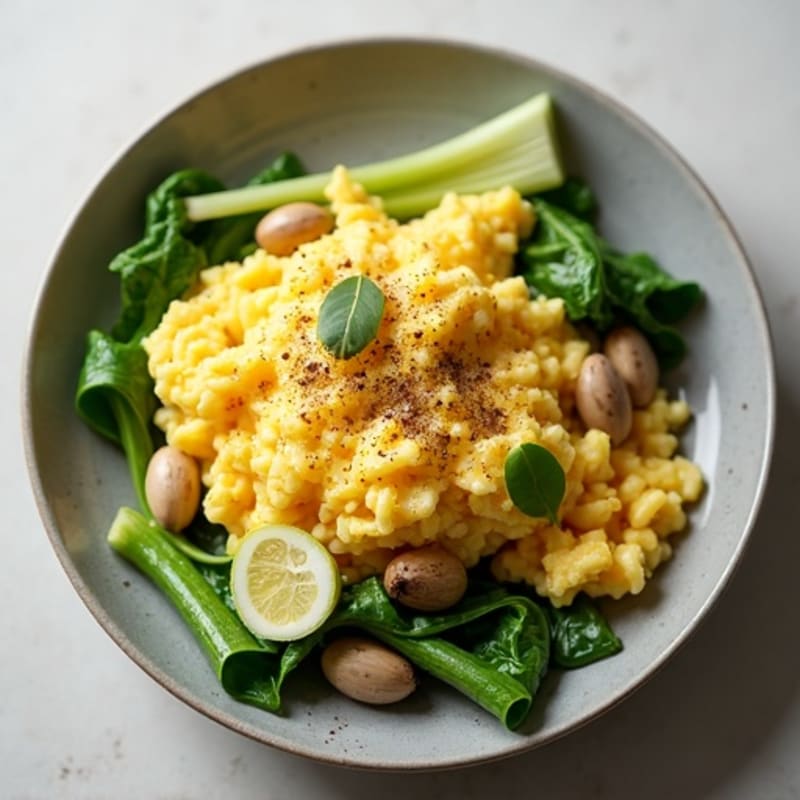 Fluffy Scrambled Eggs with Garlicky Bok Choy and Sautéed Enoki Mushrooms