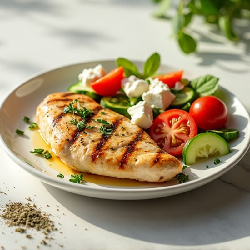Lemon-Oregano Chicken with Fresh Cucumber Tomato Feta Salad