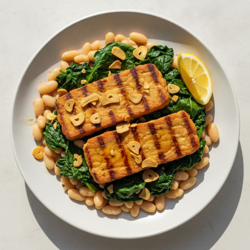 Grilled Tempeh Steaks with Garlicky Spinach and White Beans