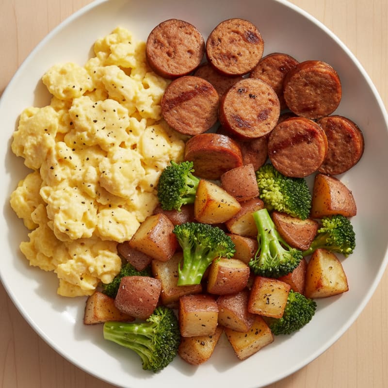 Scrambled Eggs with Chicken Sausage and Roasted Potatoes