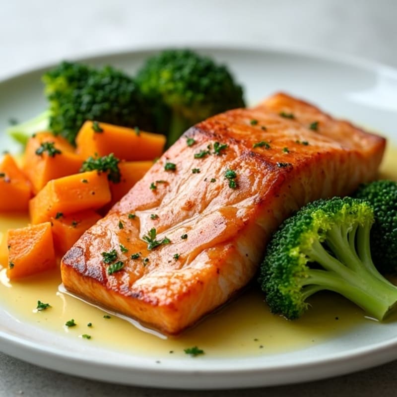 Seared Salmon with Roasted Sweet Potato and Steamed Broccoli