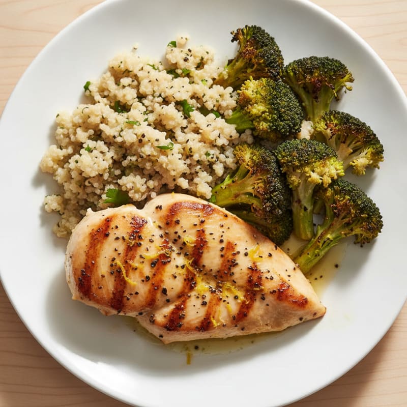 Grilled Lemon Pepper Chicken Breast with Quinoa and Roasted Broccoli