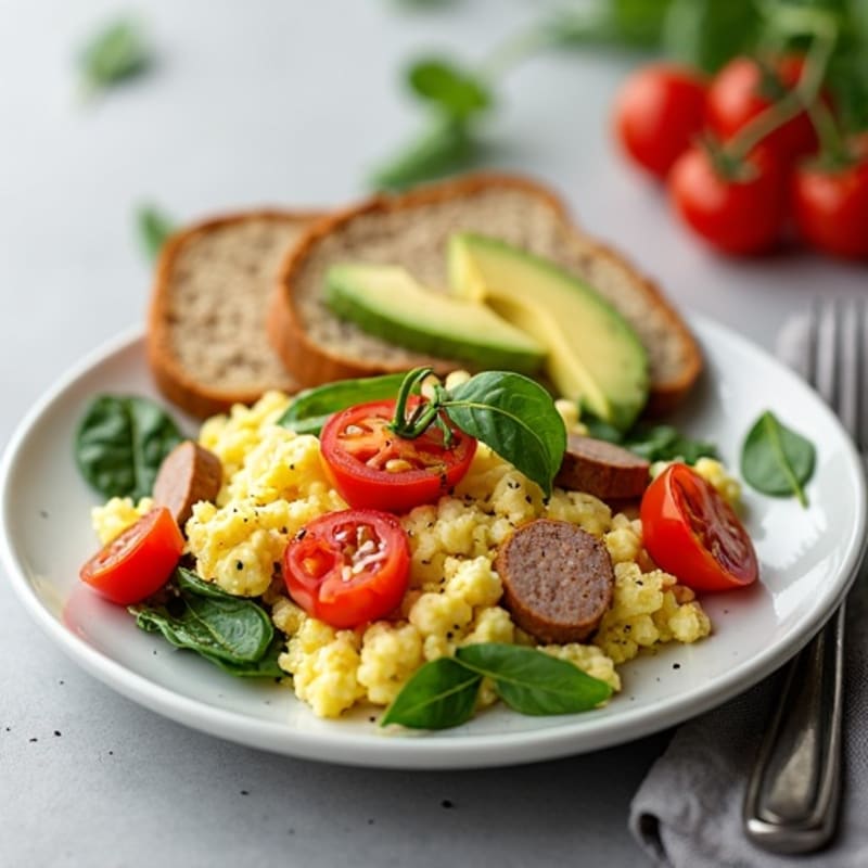 Egg White and Turkey Sausage Scramble with Spinach and Cherry Tomatoes
